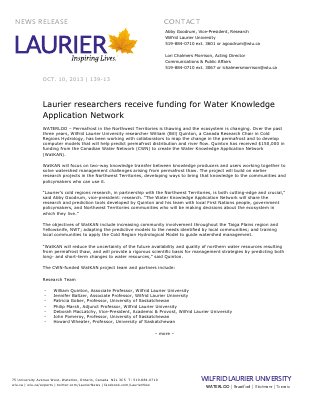 139-2013 : Laurier researchers receive funding for Water Knowledge Application Network