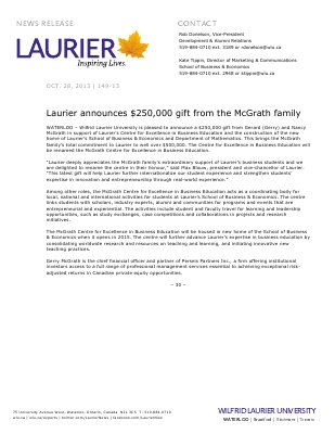 149-2013 : Laurier announces $250,000 gift from the McGrath family