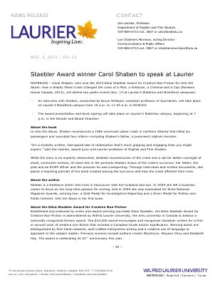 151-2013 : Staebler Award winner Carol Shaben to speak at Laurier