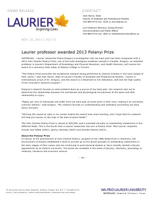 162-2013 : Laurier professor awarded 2013 Polanyi Prize