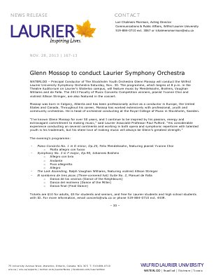 167-2013 : Glenn Mossop to conduct Laurier Symphony Orchestra