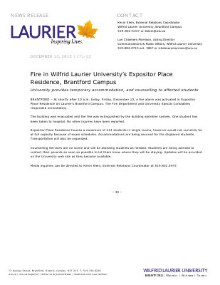 171-2013 : Fire in Wilfrid Laurier University's Expositor Place Residence, Brantford Campus