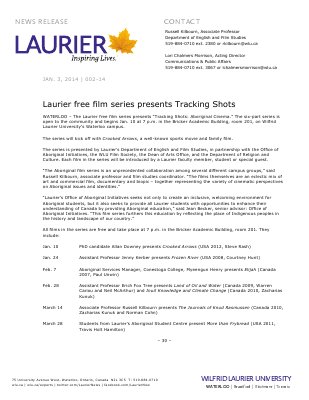 002-2014 : Laurier free film series presents Tracking Shots