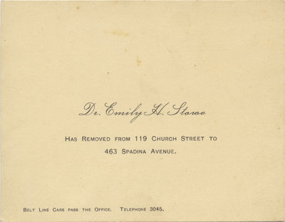 Dr. Emily H. Stowe address card