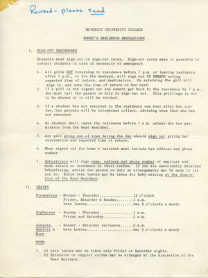 Waterloo University College women's residence regulations, 1967