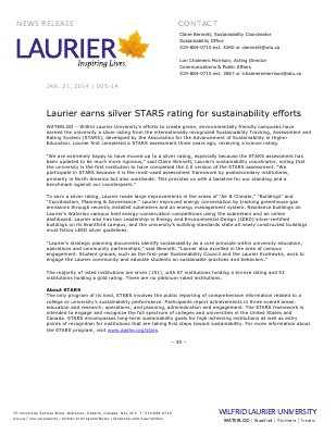 005-2014 : Laurier earns silver STARS rating for sustainability efforts