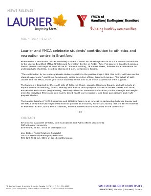 012-2014 : Laurier and YMCA celebrate students' contribution to athletics and recreation centre in Brantford