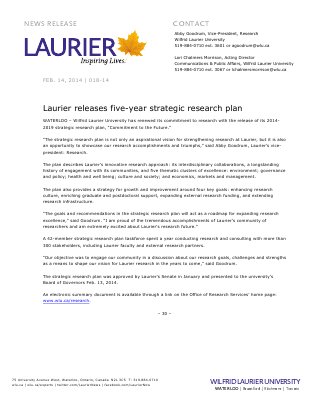 018-2014 : Laurier releases five-year strategic research plan