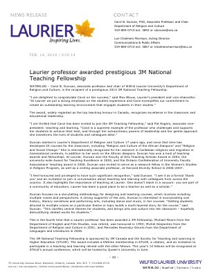 019-2014 : Laurier professor awarded prestigious 3M National Teaching Fellowship