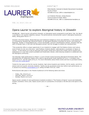 021-2014 : Opera Laurier to explore Aboriginal history in Giiwedin