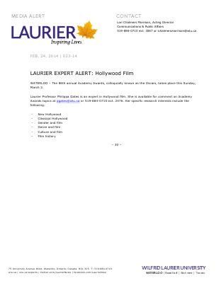 023-2014 : LAURIER EXPERT ALERT: Hollywood film