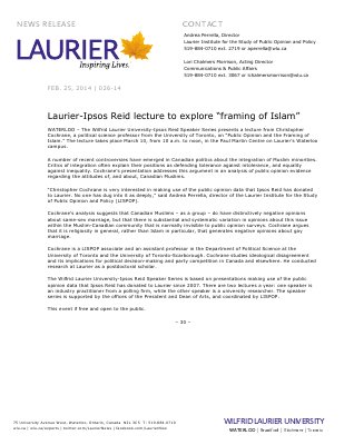 026-2014 : Laurier-Ipsos Reid lecture to explore &quot;framing of Islam&quot;