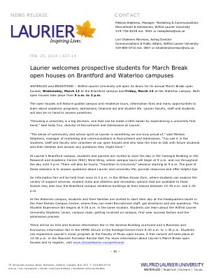 027-2014 : Laurier welcomes prospective students for March Break open houses on Brantford and Waterloo campuses