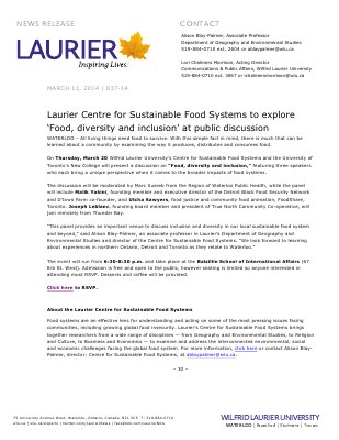 037-2014 : Laurier Centre for Sustainable Food Systems to explore 'Food, diversity and inclusion' at public discussion