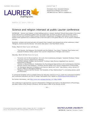 038-2014 : Science and religion intersect at public Laurier conference