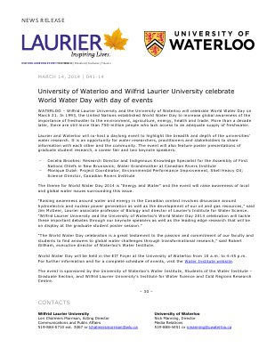 041-2014 : University of Waterloo and Wilfrid Laurier University celebrate World Water Day with day of events