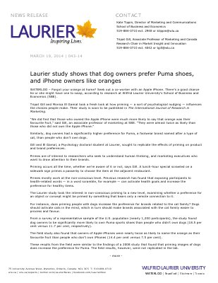 043-2014 : Laurier study shows that dog owners prefer Puma shoes, and iPhone owners like oranges