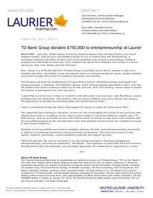 046-2014 : TD Bank Group donates $750,000 to entrepreneurship at Laurier