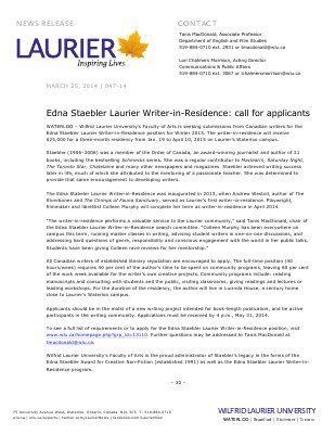 047-2014 : Edna Staebler Laurier Writer-in-Residence: call for applicants