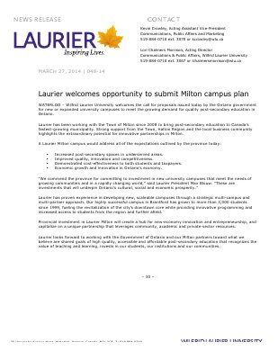 048-2014 : Laurier welcomes opportunity to submit Milton campus plan