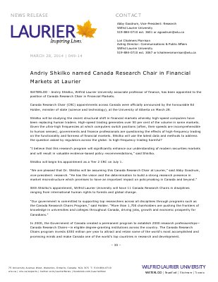 049-2014 : Andriy Shkilko named Canada Research Chair in Financial Markets at Laurier