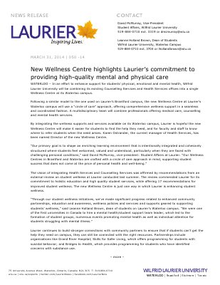 050-2014 : New Wellness Centre highlights Laurier's commitment to providing high-quality mental and physical care