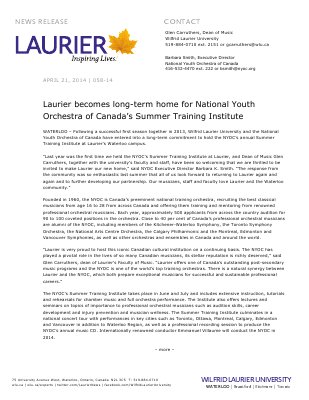 058-2014 : Laurier becomes long-term home for National Youth Orchestra of Canada's Summer Training Institute
