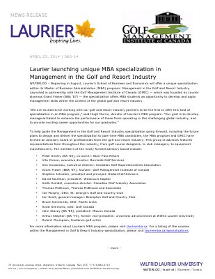 060-2014 : Laurier launching unique MBA specialization in Management in the Golf and Resort Industry