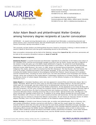 061-2014 : Actor Adam Beach and philanthropist Walter Gretzky among honorary degree recipients at Laurier convocation