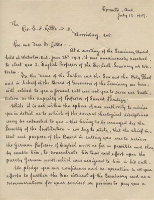 Call from the Board of Governors of the Evangelical Lutheran Seminary of Canada to Carroll Herman Little, July 12, 1917