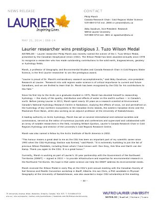 068-2014 : Laurier researcher wins prestigious J. Tuzo Wilson Medal