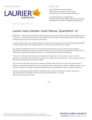 070-2014 : Laurier hosts chamber music festival, QuartetFest '14