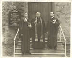 Martin Stockman, Ewald Sterz and Albert Datars standing in front of Our Saviour's Evangelical Lutheran Church, Owen Sound