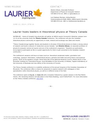 078-2014 : Laurier hosts leaders in theoretical physics at Theory Canada