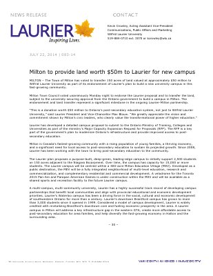 083-2014 : Milton to provide land worth $50m to Laurier for new campus