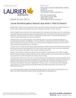 087-2014 : Laurier Brantford gallery features local artist’s “Field of Dreams”