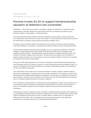 092-2014 : Province invests $3.3m to support entrepreneurship education at Waterloo’s two universities