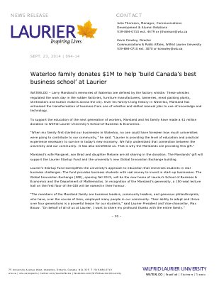 094-2014 : Waterloo family donates $1M to help ‘build Canada’s best business school’ at Laurier