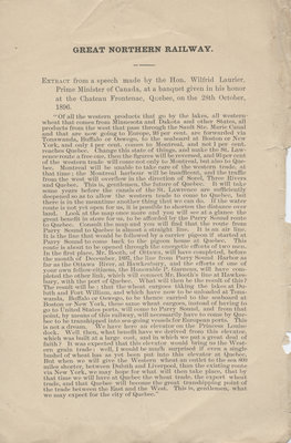 Great Northern Railway : extract from a speech made by the Hon. Wilfrid Laurier, Prime Minister of Canada, at a banquet given in his honour at the Chateau Frontenac, Quebec, on the 28th October, 1896