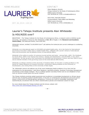 102-2014 : Laurier’s Tshepo Institute presents Alan Whiteside: Is HIV/AIDS over?