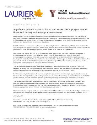 109-2014 : Significant cultural material found on Laurier YMCA project site in Brantford during archaeological assessment