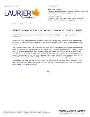 112-2014 : Wilfrid Laurier University presents Economic Outlook 2015