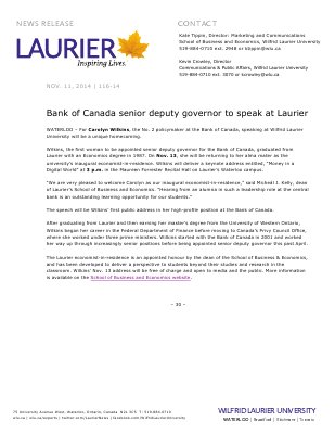 116-2014 : Bank of Canada senior deputy governor to speak at Laurier