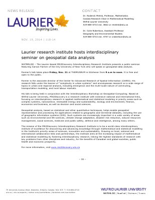 118-2014 : Laurier research institute hosts interdisciplinary seminar on geospatial data analysis
