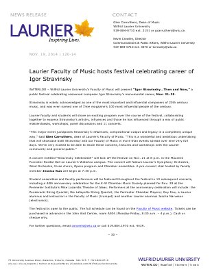 120-2014 : Laurier Faculty of Music hosts festival celebrating career of Igor Stravinsky