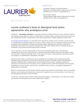 122-2014 : Laurier professor’s book on Aboriginal land claims agreements wins prestigious prize