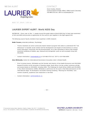 125-2014 : LAURIER EXPERT ALERT: World AIDS Day