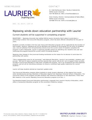 129-2014 : Nipissing winds down education partnership with Laurier