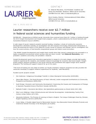 002-2015 : Laurier researchers receive over $2.7 million  in federal social sciences and humanities funding