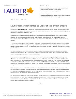 005-2015 : Laurier researcher named to Order of the British Empire